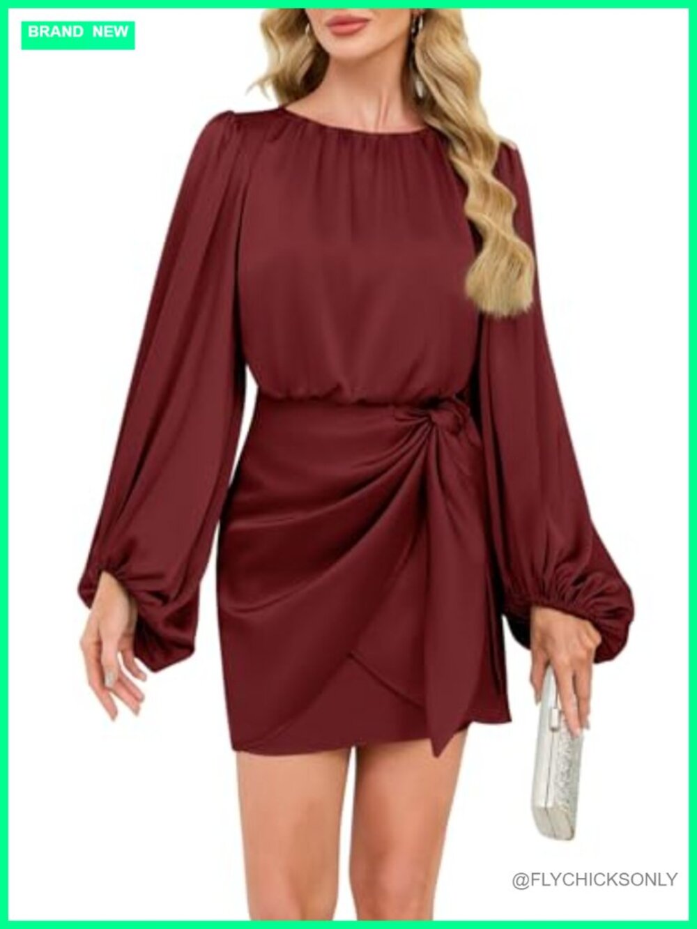 Women's Satin Cocktail Dress Long Sleeve High Neck Short Formal Mini